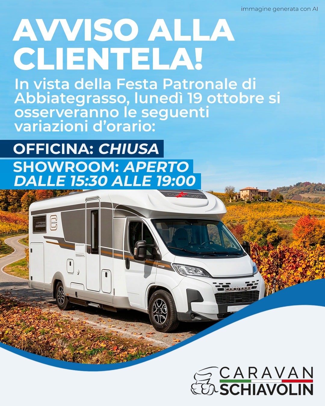 Chiusura officina lunedì 19 ottobre, showroom aperto dalle 15:30 alle 19:00